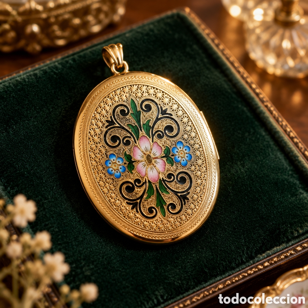 Joaillerie: Medall&oacute;n, guardapelo, ovalado victoriano de oro de 14 quilates, decorado con flores esmaltadas.