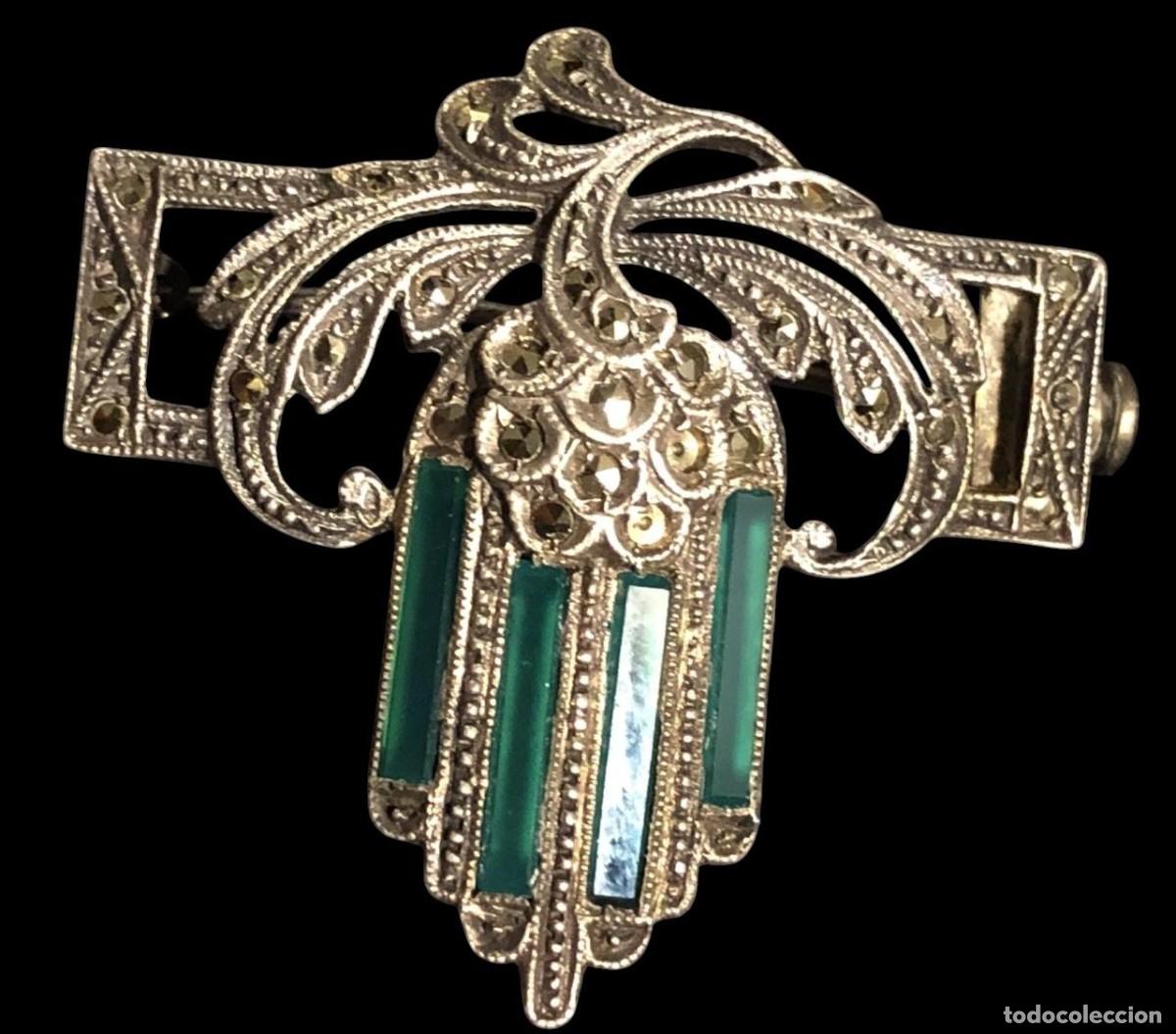 Jewelry: Exquisito broche Art D&eacute;co vintage de plata de ley con piedras verdes
