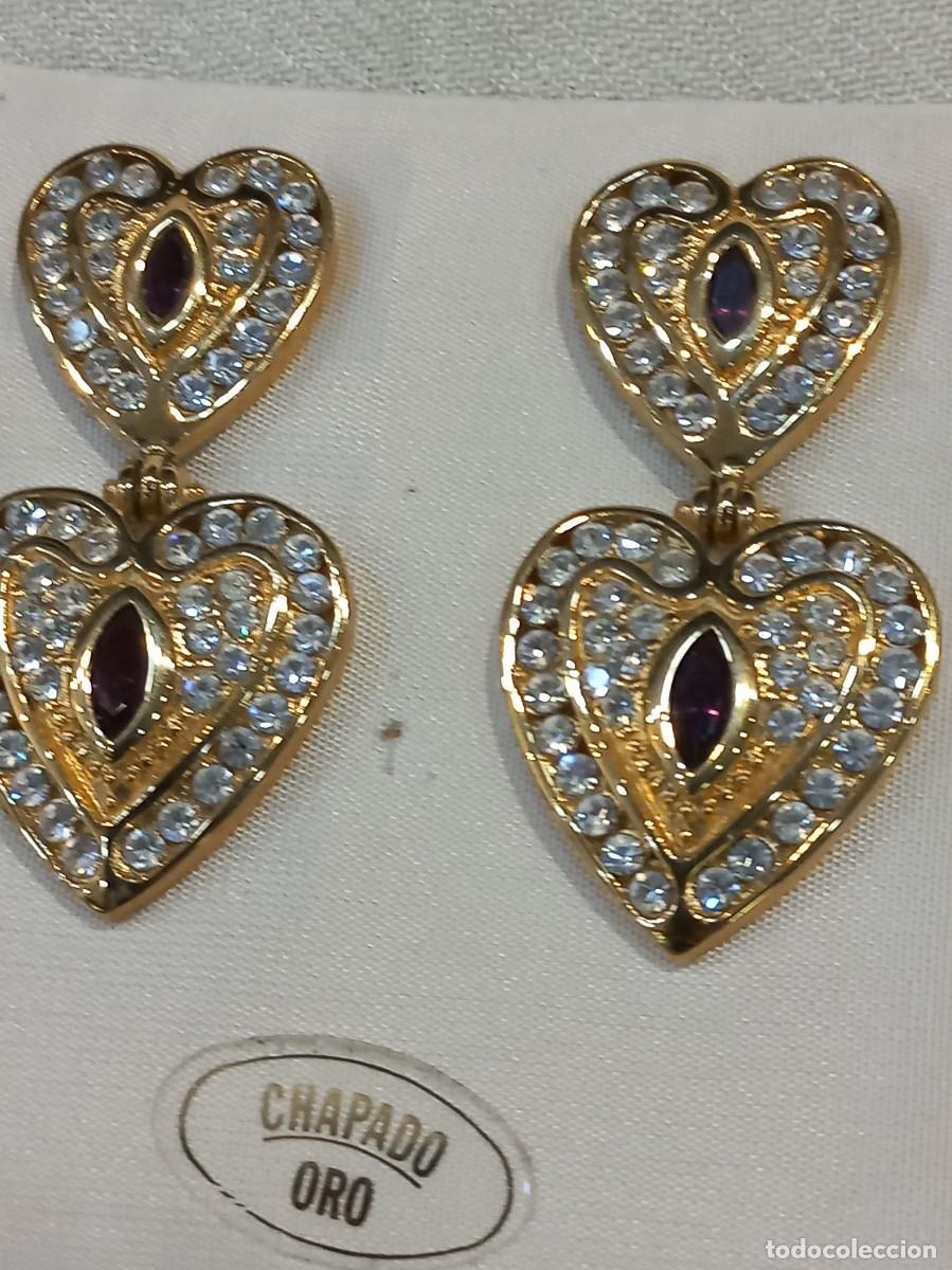 Schmuck: PENDIENTES (largos-chapado) &uml;DOBLE CORAZ&Oacute;N&uml; repleto pedrer&iacute;a