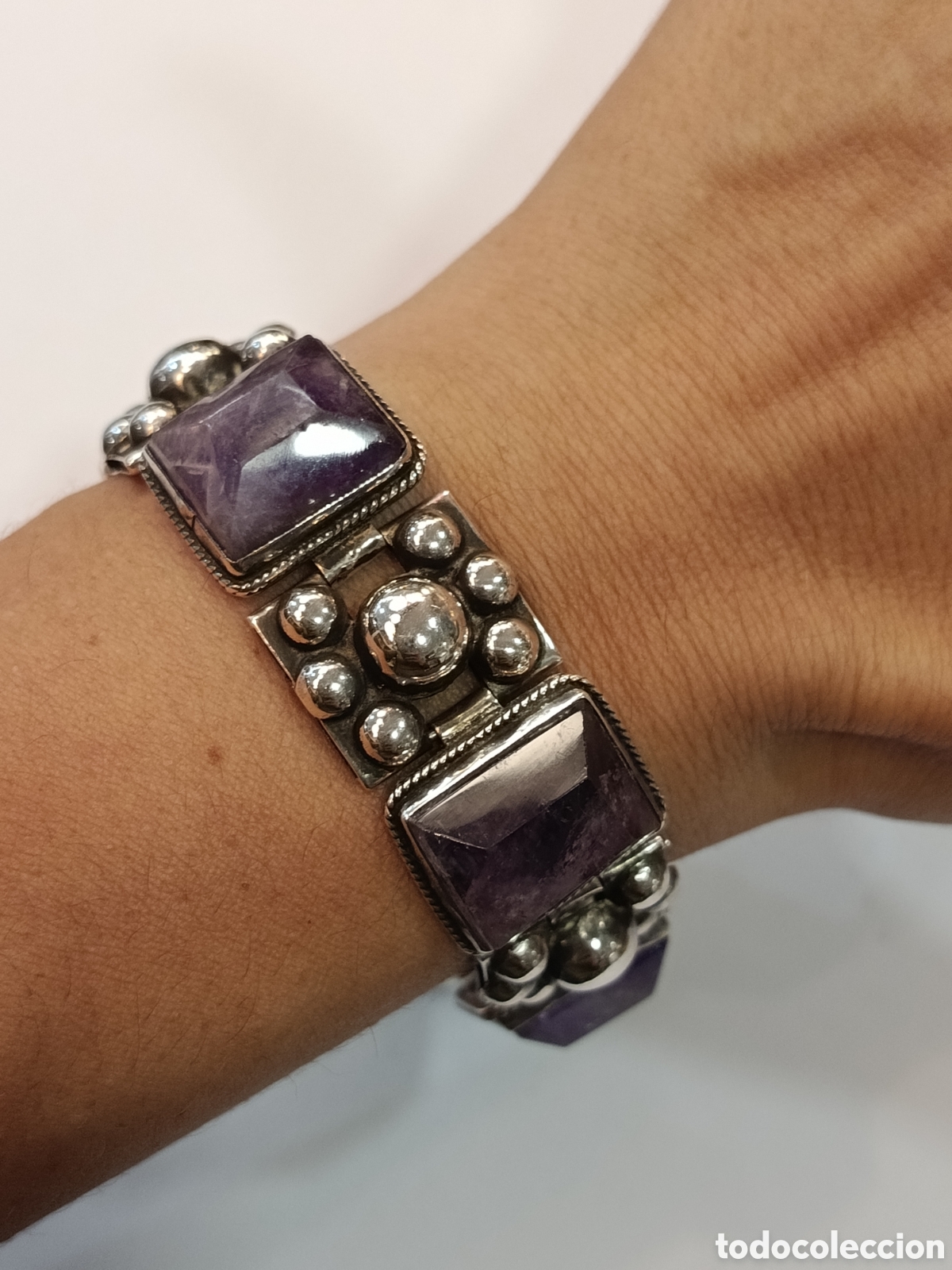 Schmuck: Pulsera brazalete de plata y amatista natural. Vintage M&eacute;xico