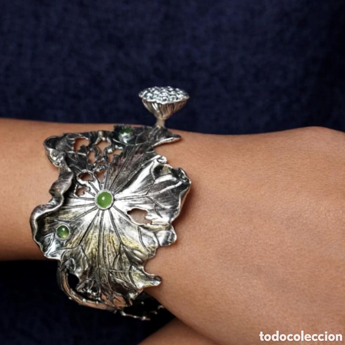 Schmuck: Pulsera floral de Plata Estilo Bot&aacute;nico, con gema verde plata