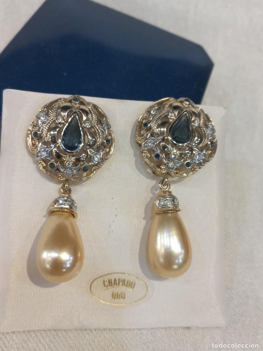 Gioielleria: PENDIENTES (largos-chapados) roset&oacute;n pedrer&iacute;a-azul y perl&oacute;n l&aacute;grima colgante