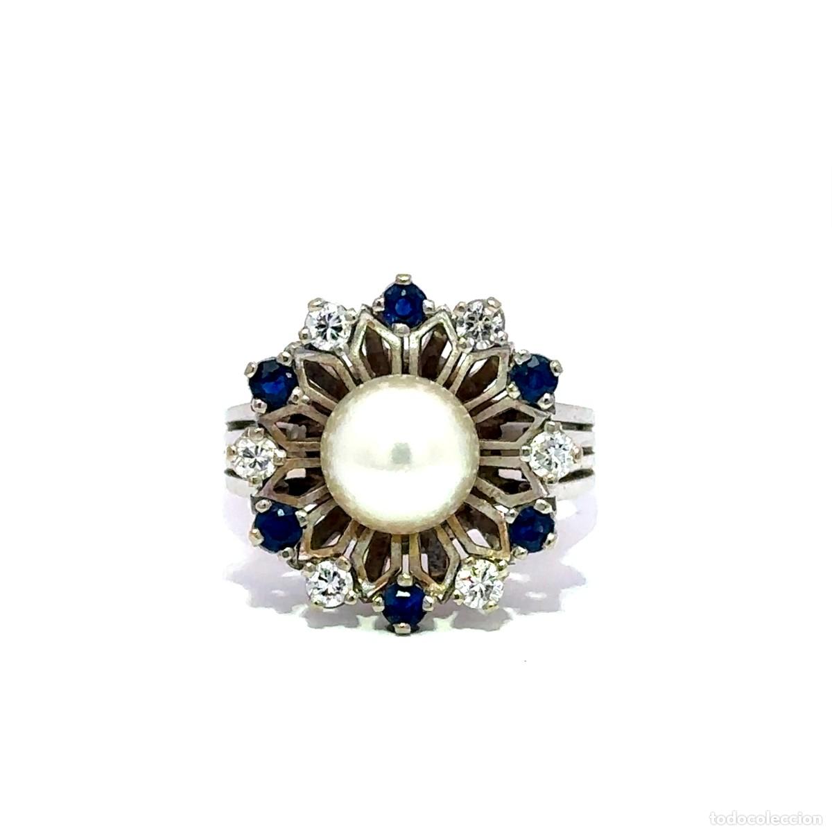 Jewelry: Anillo Vintage de Oro con Perla Natural, Zafiros y Diamantes