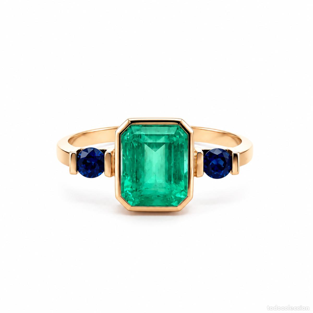 Gioielleria: Anillo de Tres Piedras con Esmeralda Colombiana y Zafiros en Oro Amarillo