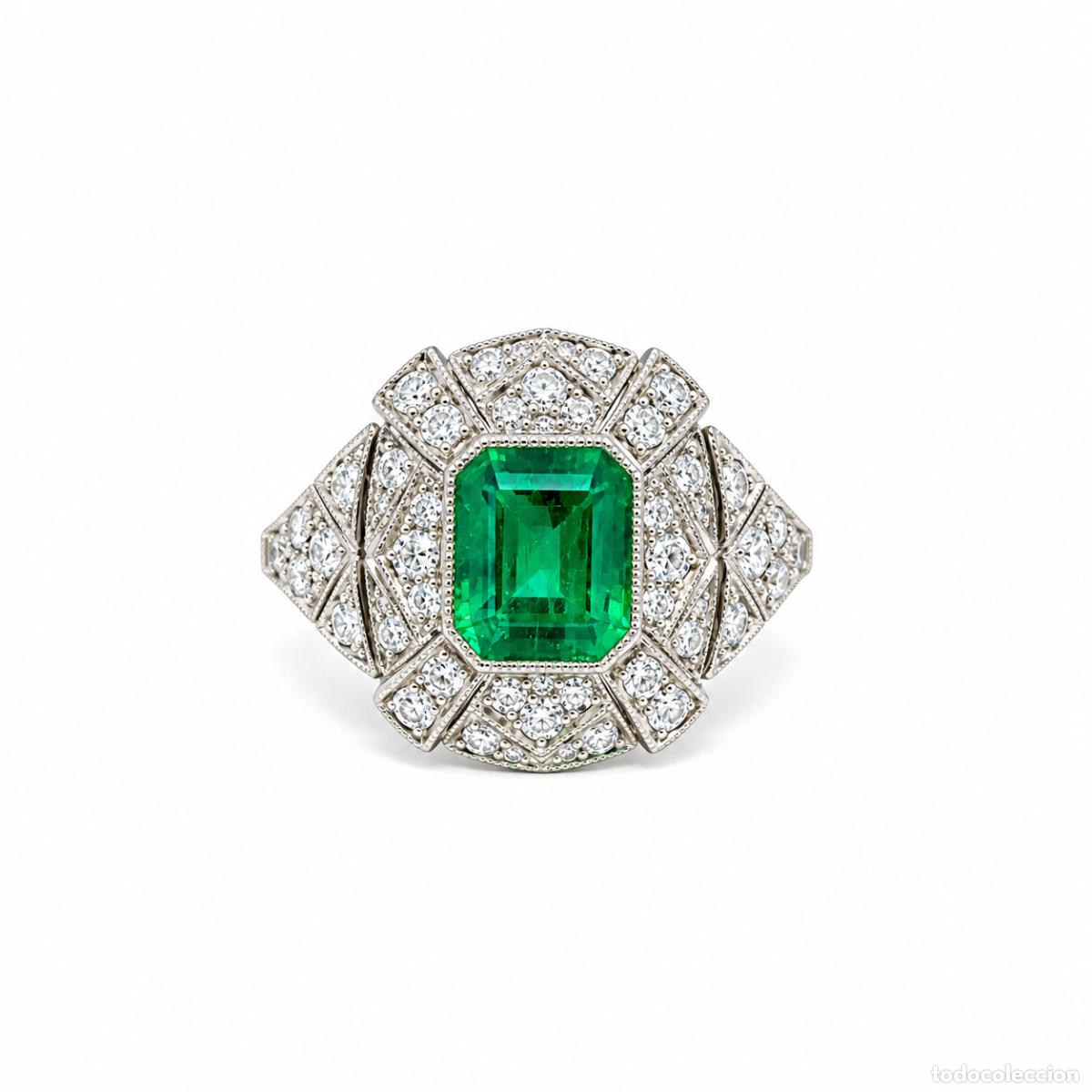 Gioielleria: Anillo Vintage en Platino con Esmeralda y Halo de Diamantes