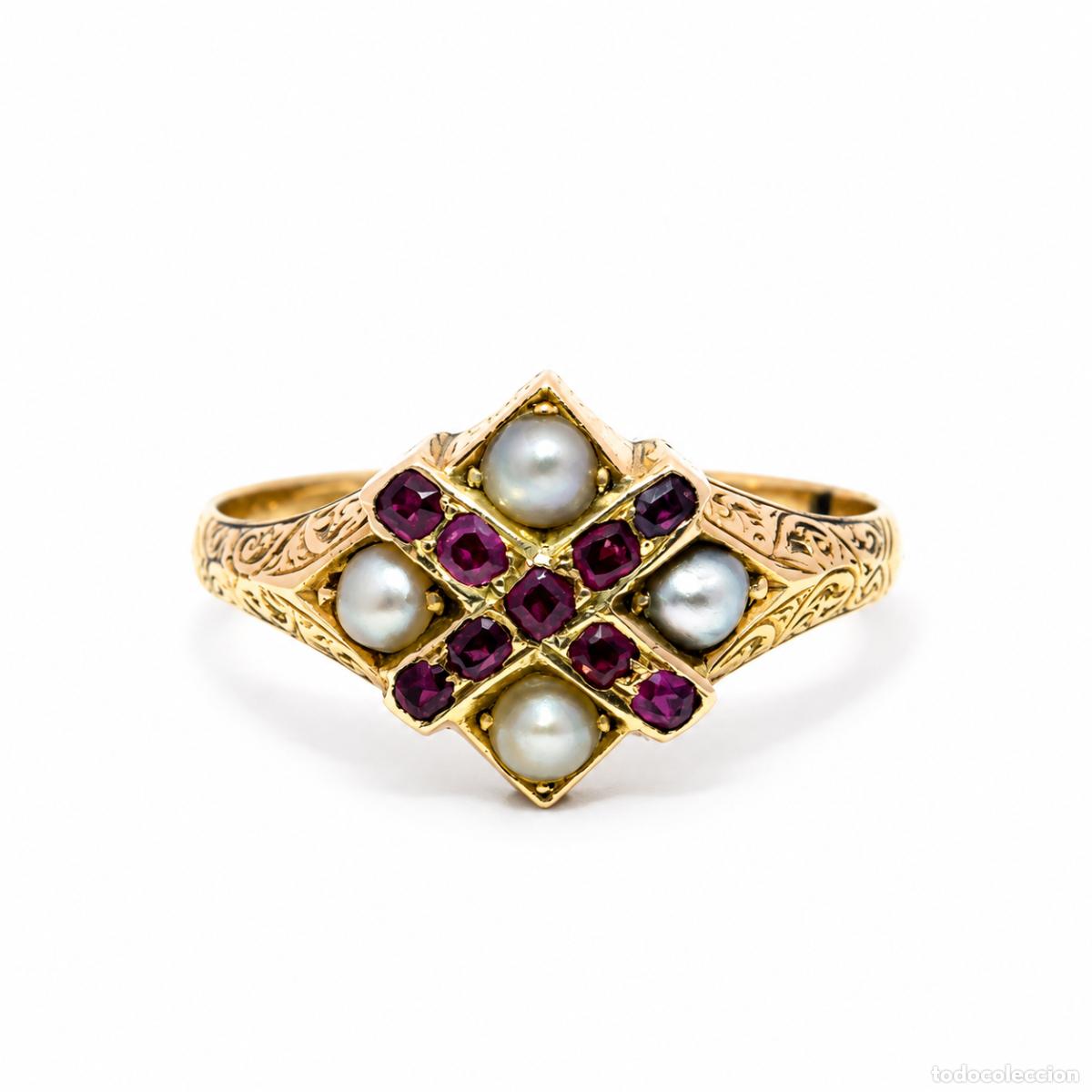 Gioielleria: Anillo Vintage de Oro Amarillo con Perlas y Rub&iacute;es