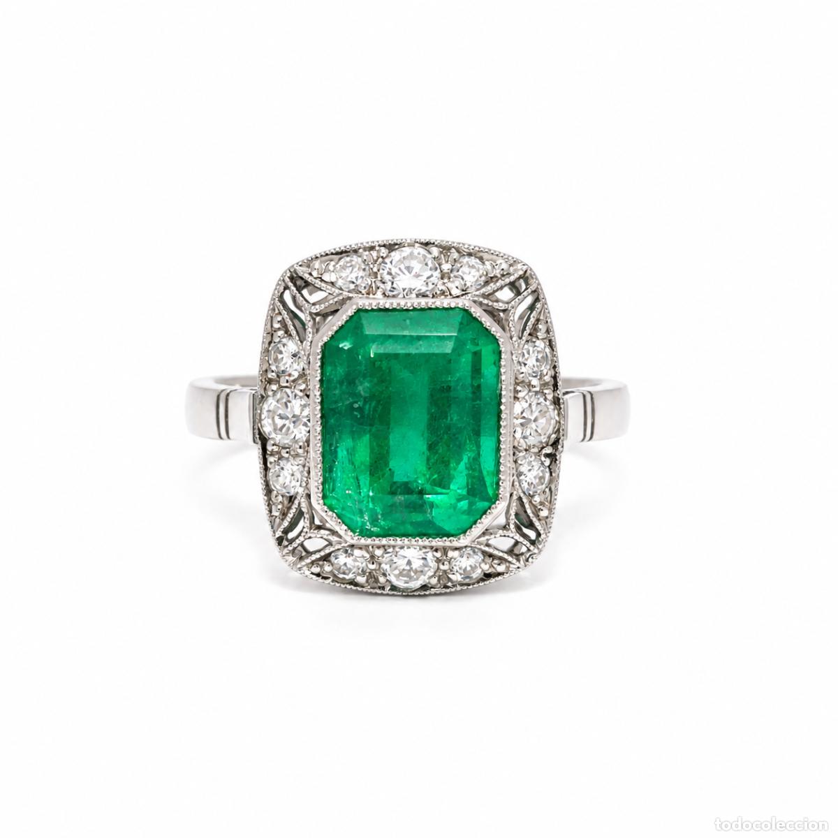 Gioielleria: Anillo Esmeralda de Colombia y Diamantes &ndash; Platino &ndash; Estilo Art D&eacute;co