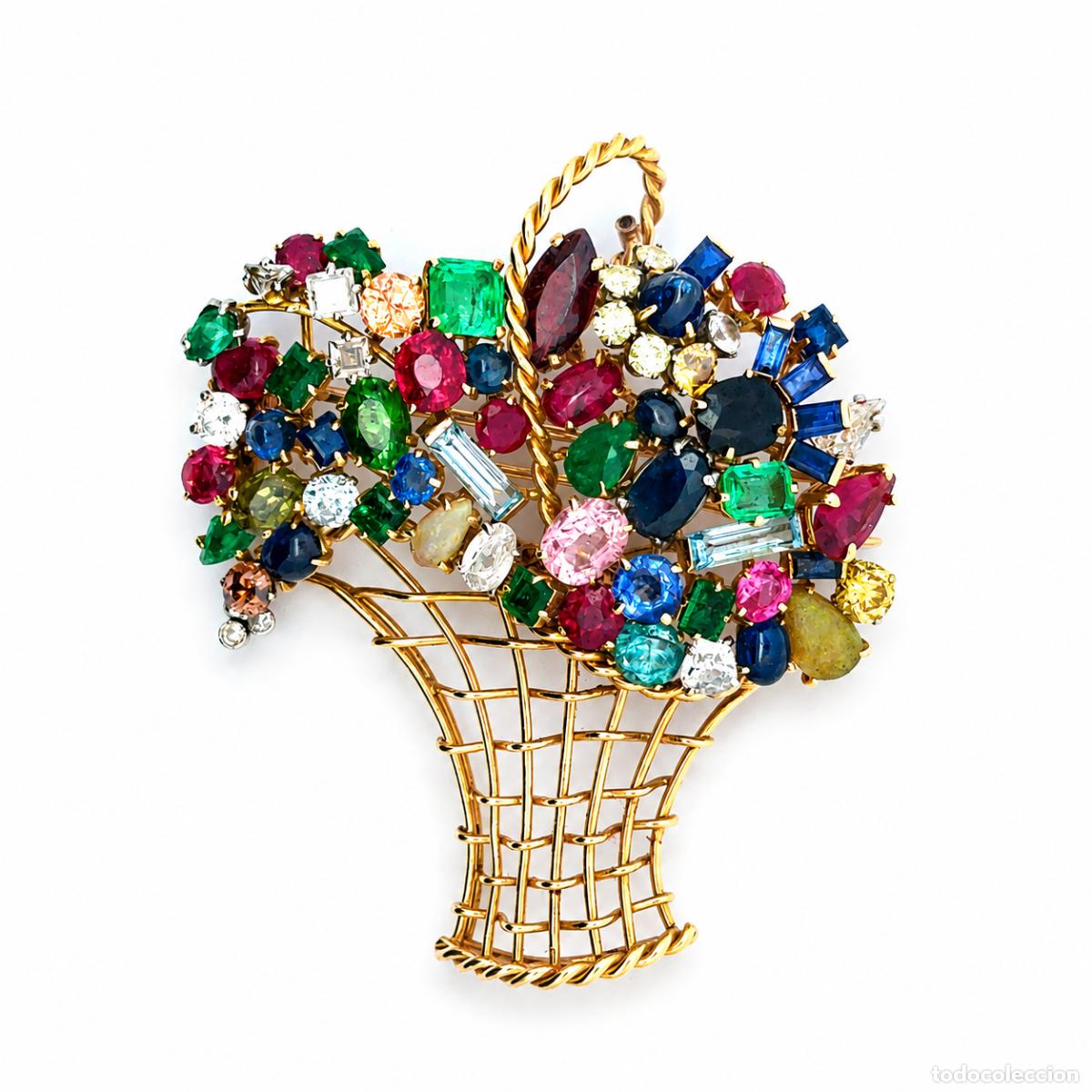 Jewelry: Espectacular Broche Joya Canasta Floral Dorada Multicolor