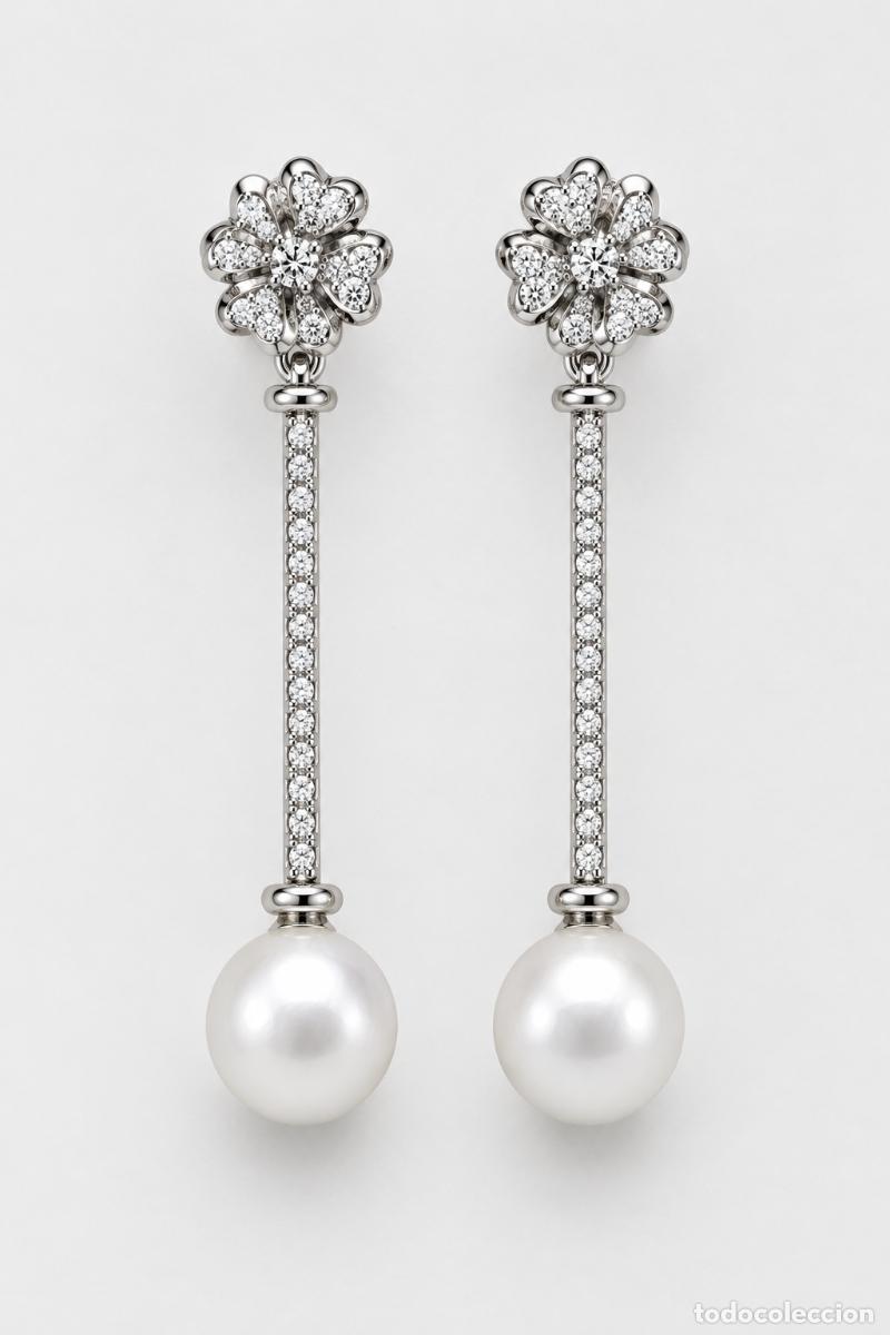 Jewelry: PENDIENTES LARGOS DE ORO BLANCO 18K, DIAMANTES Y PERLAS
