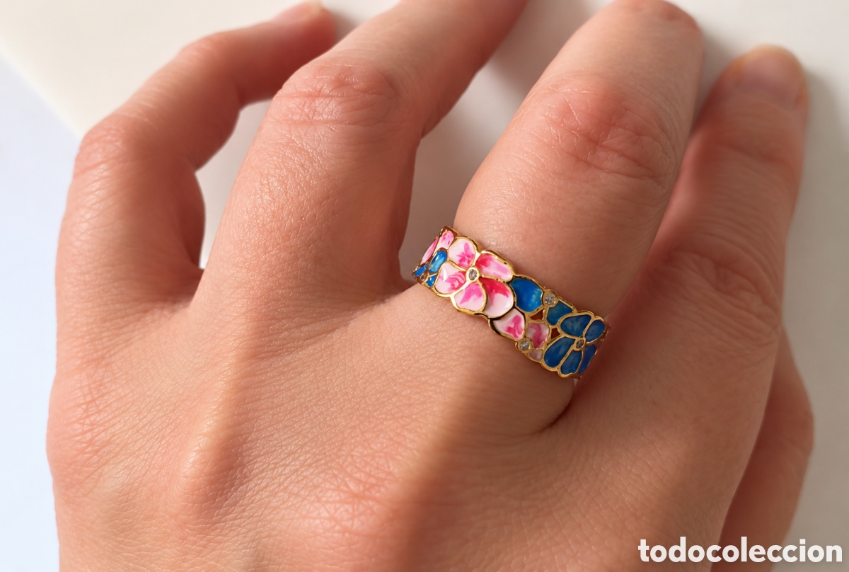 Joyeria: Alianza de plata ba&ntilde;o de oro esmaltada floral rosa y azul