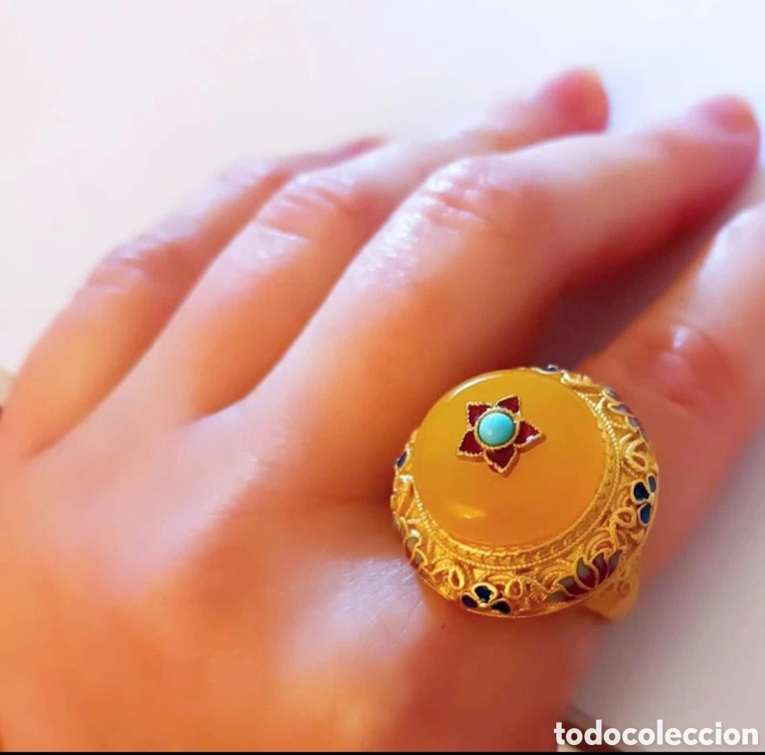 Joyeria: Maxi Anillo Vintage cloisonne esmaltado Mostaza y dorado dise&ntilde;o Oriental Ajustable