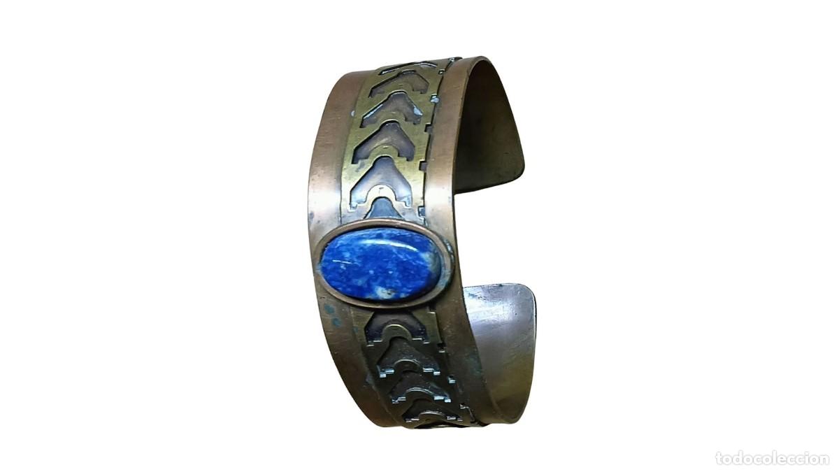 Joyeria: PULSERA VINTAGE - PU&Ntilde;O DE COBRE ESTILO &Eacute;TNICO TRIBAL - HECHA A MANO - LAPISL&Aacute;ZULI OVAL - A&Ntilde;OS 70-80