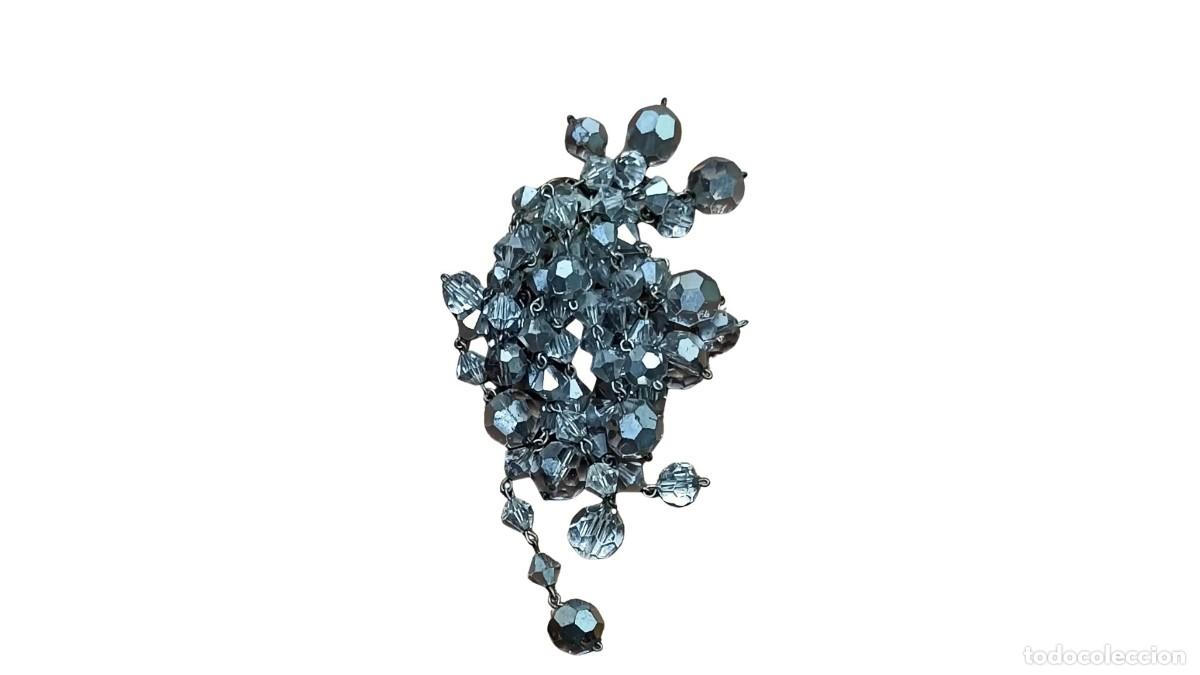 Joyeria: PENDIENTE VINTAGE DE CLIP - RACIMO DE CRISTALES FACETADOS EN AZUL PLATEADO CON CASCADA COLGANTE