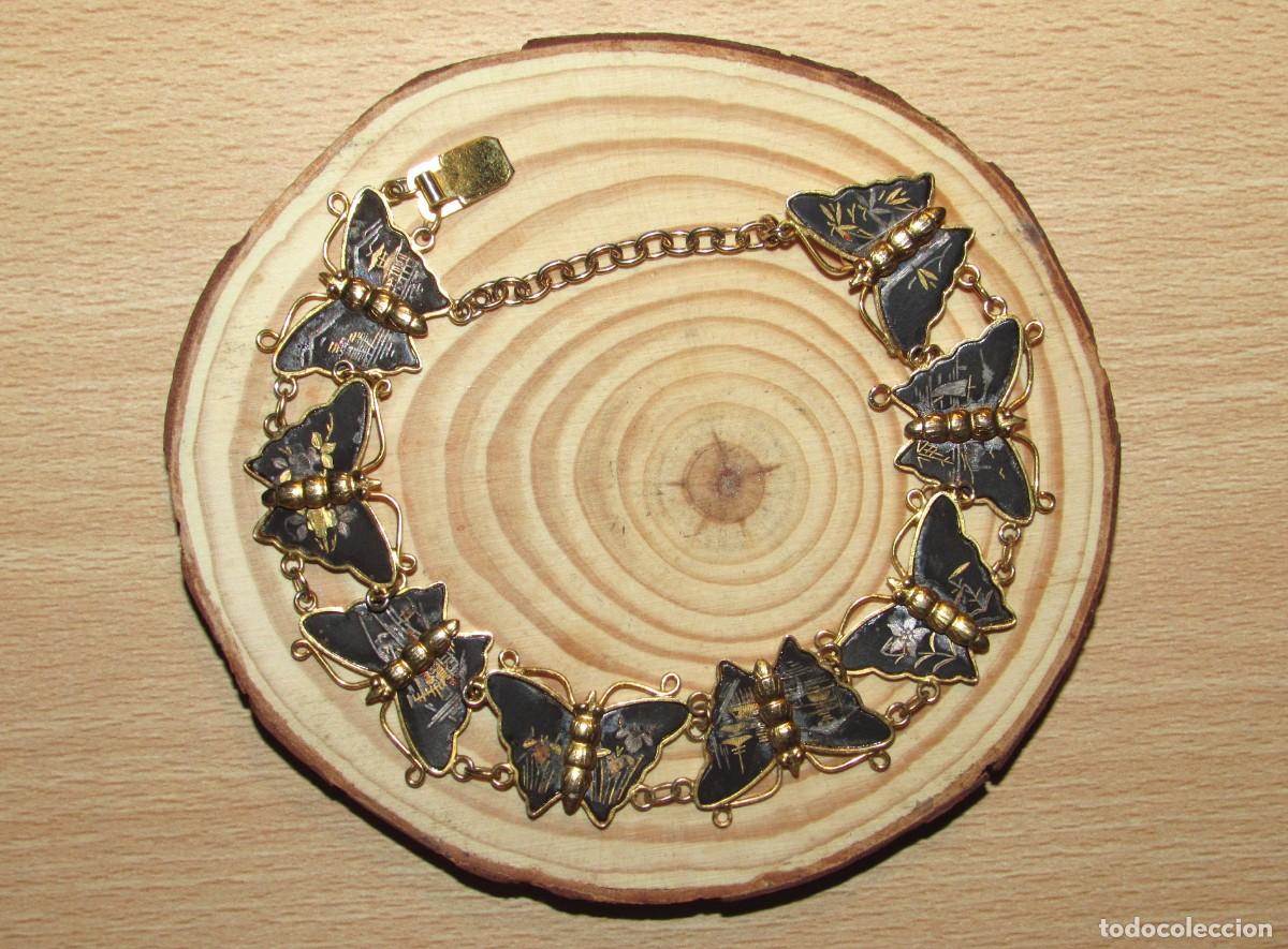 Joyeria: Pulsera vintage japonesa Amita mariposas damasquinado tradicional Kyo-Zogan Jap&oacute;n Kioto a&ntilde;os 50