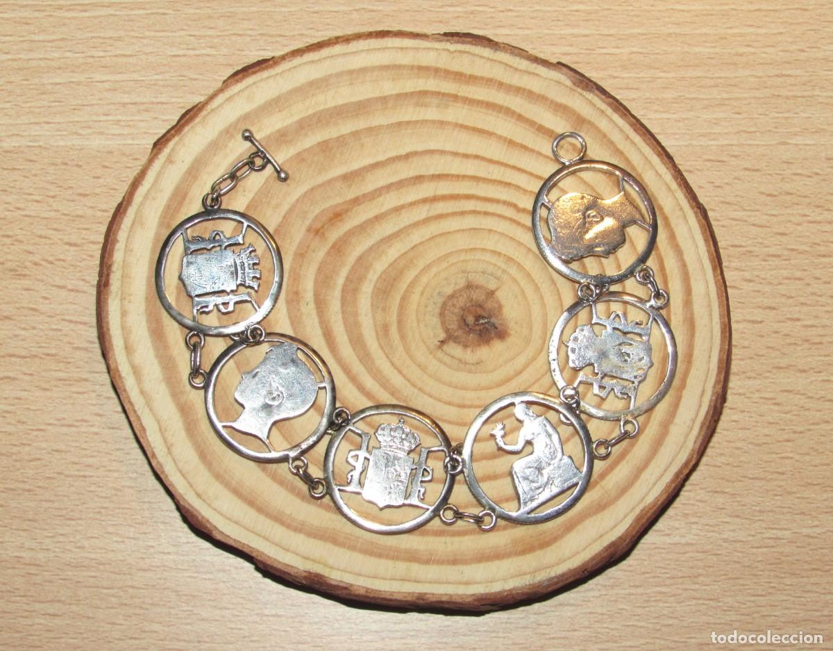 Joyeria: Pulsera brazalete artesanal monedas de plata espa&ntilde;olas troqueladas Segunda Rep&uacute;blica circa 1940