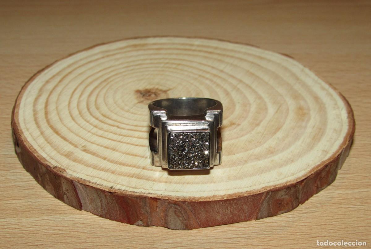 Joyeria: Anillo sortija plata vintage estilo modernista dise&ntilde;o geom&eacute;trico sello 925 drusa oscura circa 1980