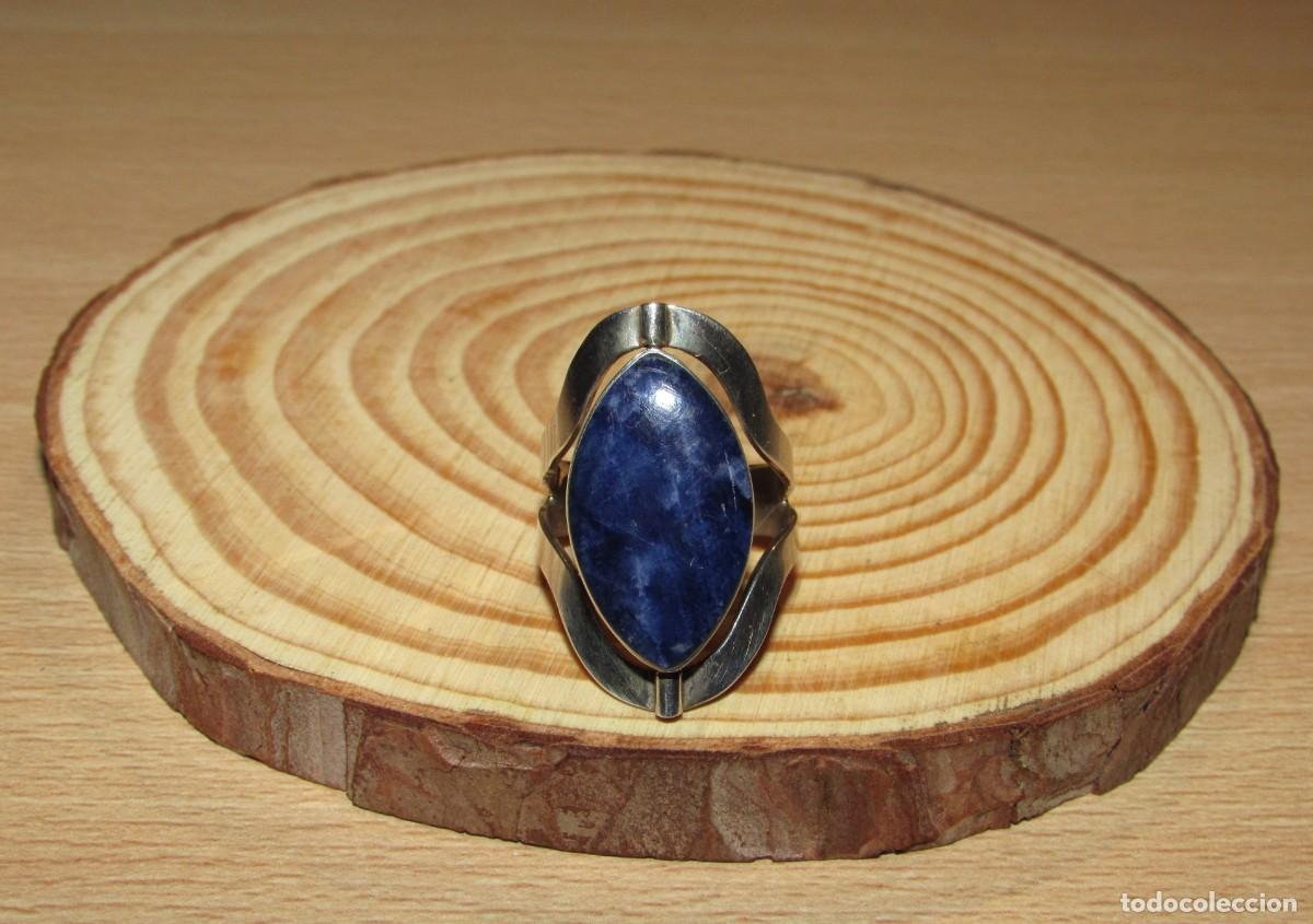 Joyeria: Anillo sortija reversible doble 2 caras plata sello 950 ajustable ovalada blanco azul