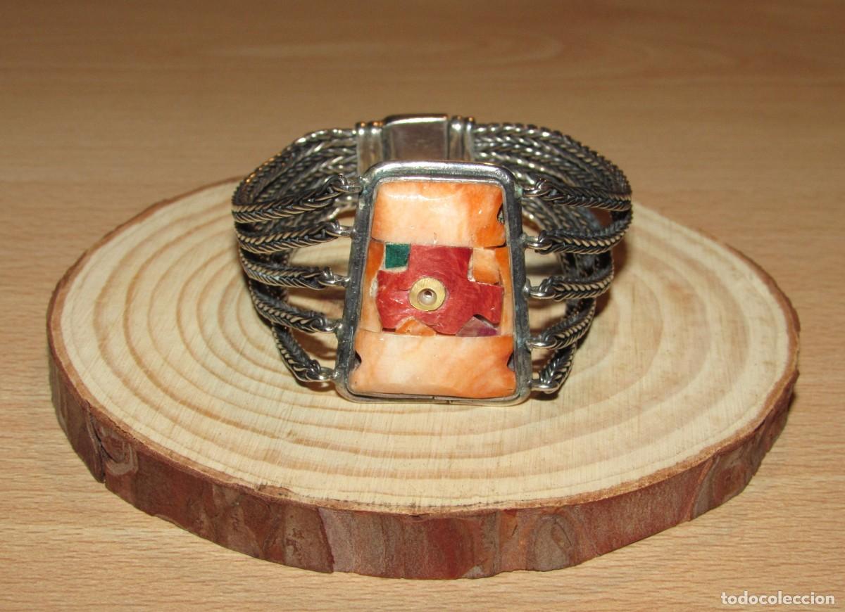 Joyeria: Pulsera andina brazalete vintage plata sello 950 mosaico cosmovisi&oacute;n concha Spondylus Per&uacute; 44g