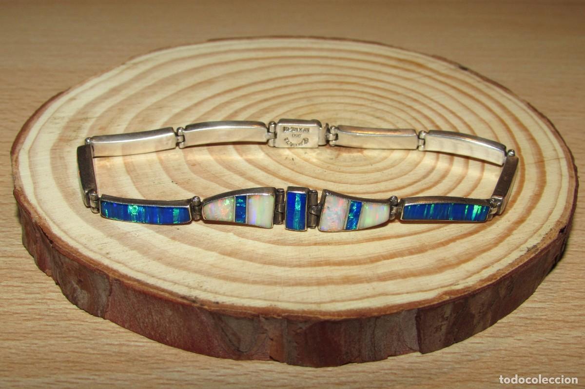 Joyeria: Pulsera brazalete vintage Mexico M&eacute;jico Taxco &oacute;palos sint&eacute;ticos firmado Escorcia sello 950 a&ntilde;os 80