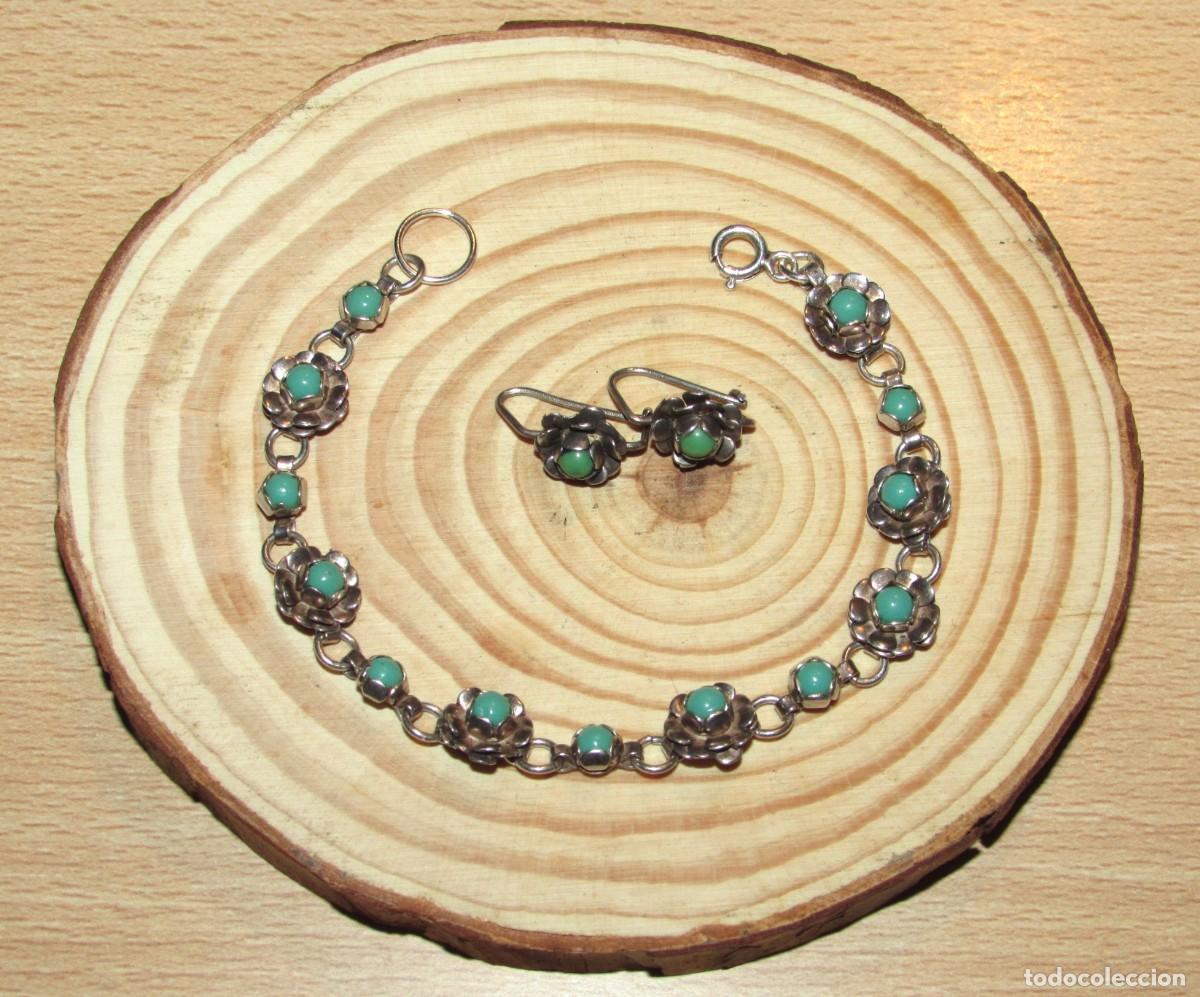 Joyeria: Conjunto vintage M&eacute;xico M&eacute;jico pulsera y pendientes plata y flores turquesas sellos a&ntilde;os 70