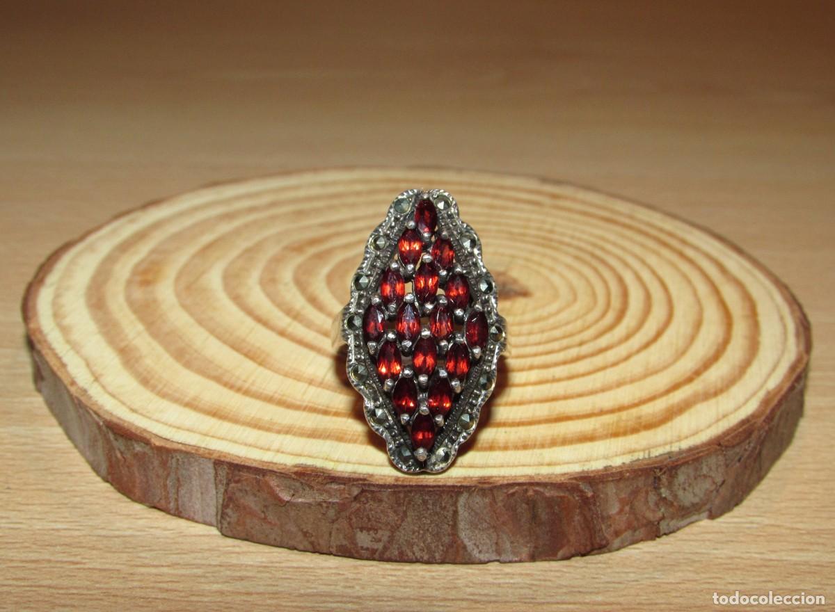 Joyeria: Anillo sortija vintage plata sello 925 granate rojo y marcasitas