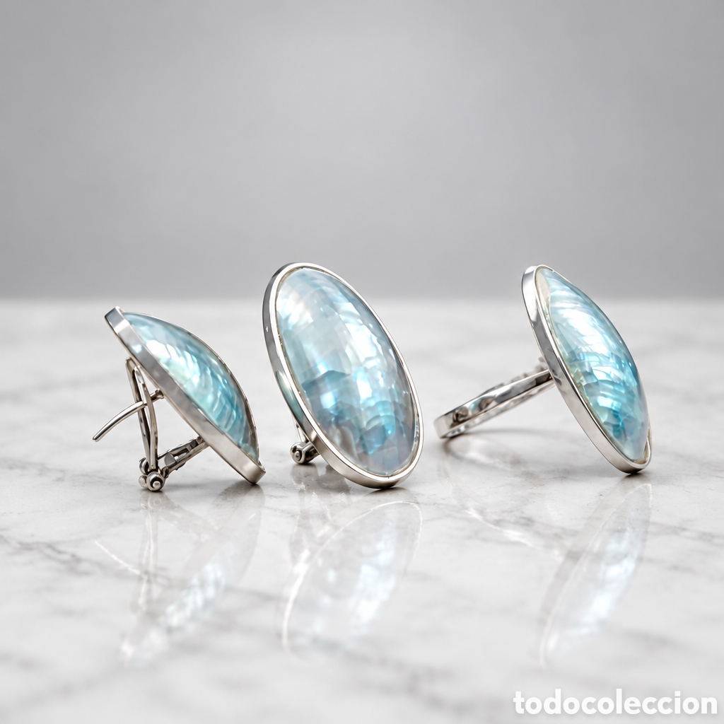 Joyeria: Juego de pendientes y anillo elaborado en plata y perlas de abul&oacute;n.