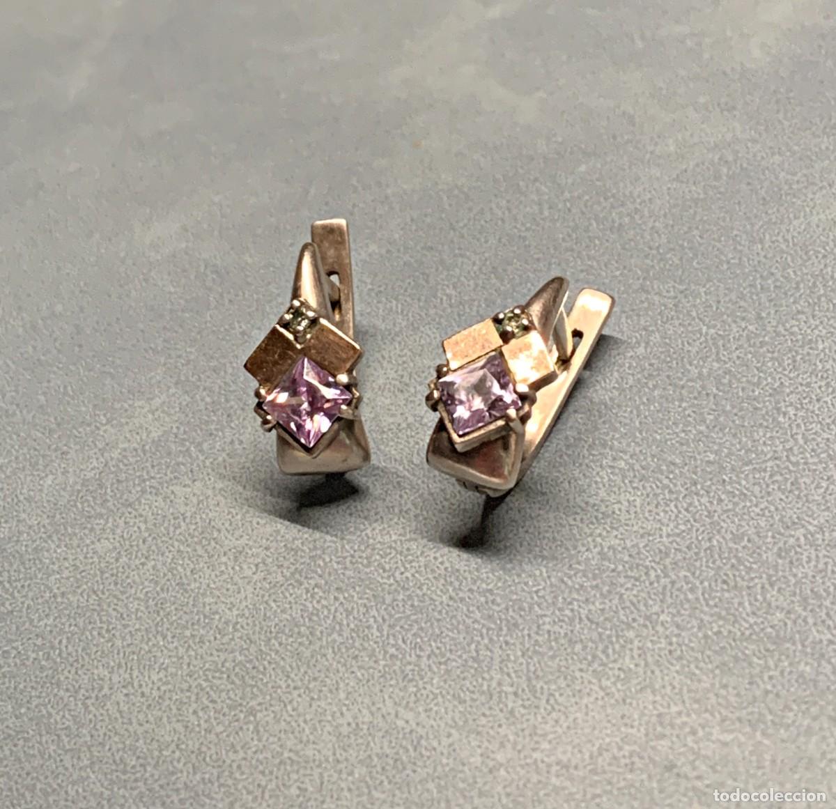 Joyeria: Pendientes Sovi&eacute;ticos de Cierre Catal&aacute;n en Plata 875, Apliques de Oro y Amatista Cuadrada