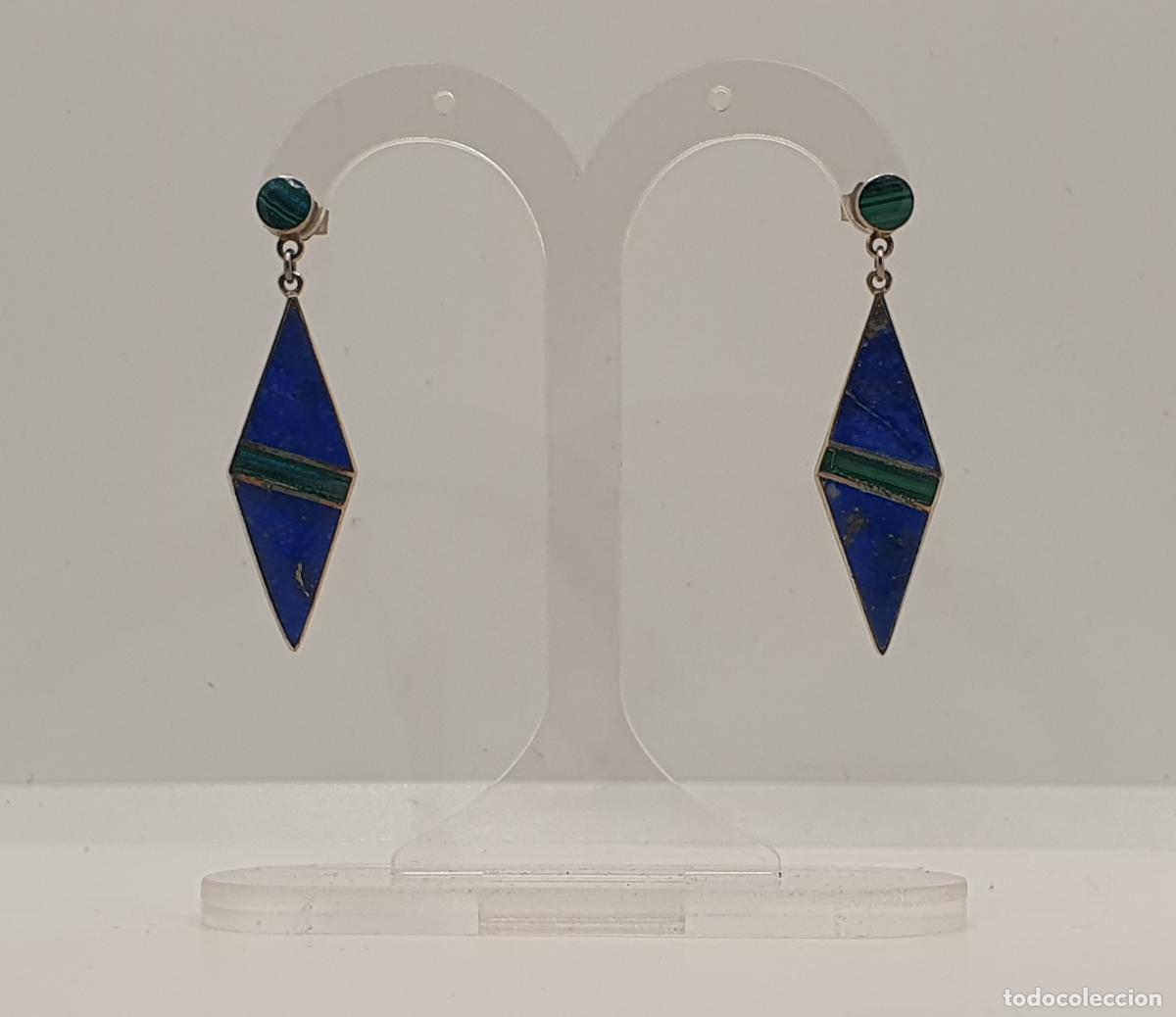 Joyeria: Preciosos pendientes antiguos art dec&oacute; en plata de ley 950, lapisl&aacute;zuli y malaquita autentica.