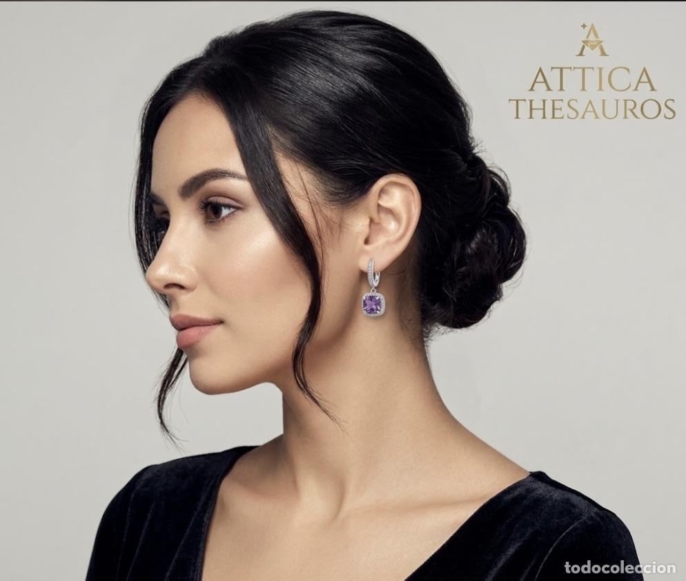Joyeria: Elegantes pendientes chapados en oro blanco con amatistas talla cushion y circonitas talla brillante
