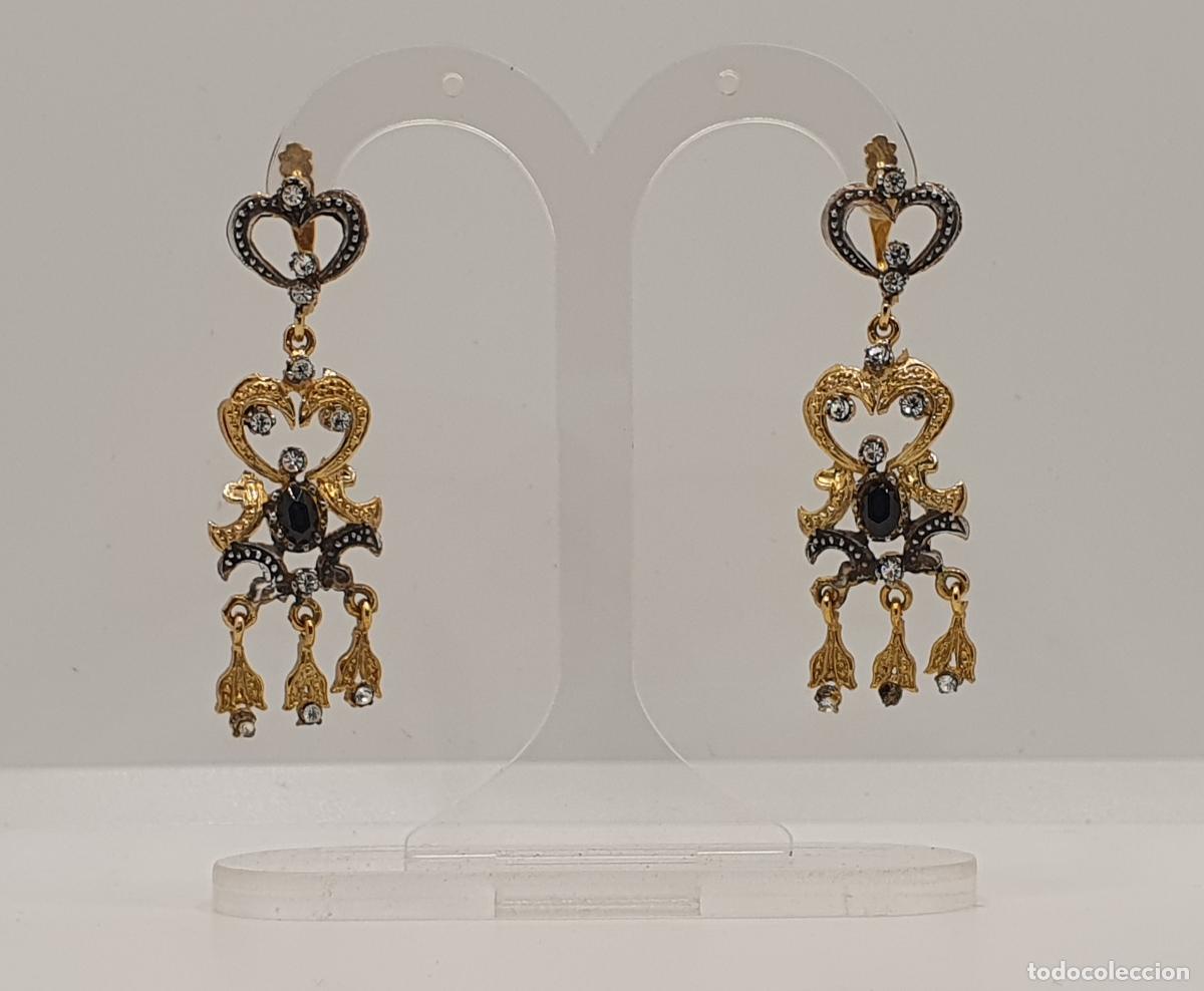 Joyeria: Pendientes antiguos isabelinos tipo chandelier en plata 925, acabados en oro, circonitas y azabaches