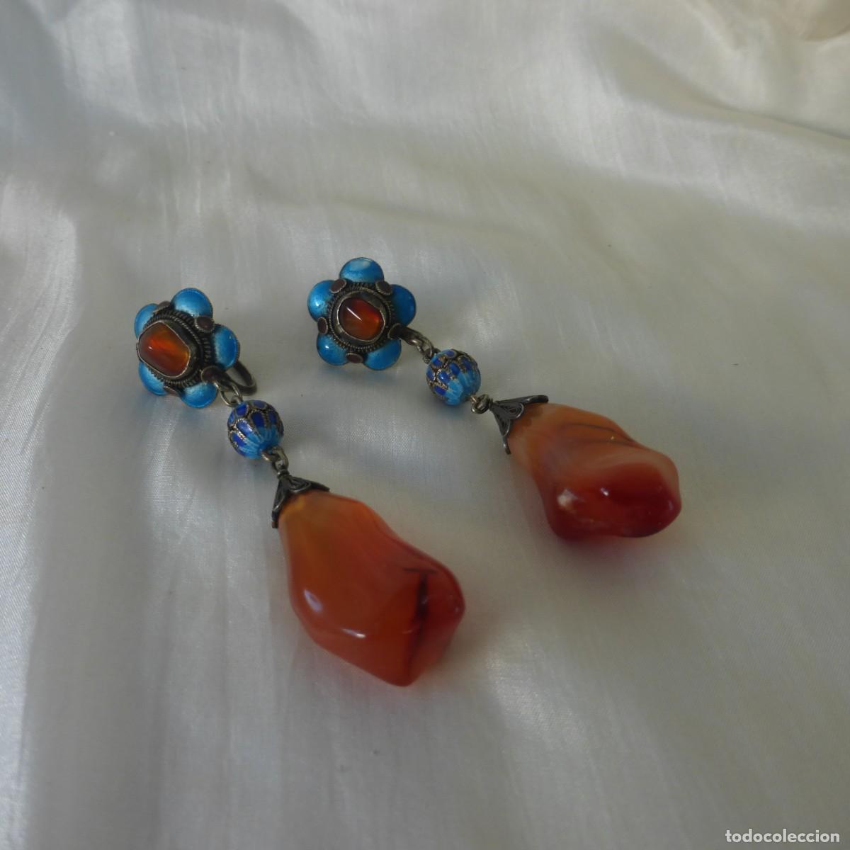 Joyeria: ANTIGUOS VINTAGE PENDIENTES CHINOS DE TORNILLO ESMALTE FILIGRANA CORNALINA S. XX CHINESE EARRINGS