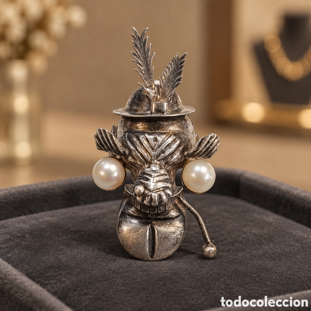 Joyeria: ANTIGUO BROCHE ELABORADO EN PLATA Y PERLAS NATURALES, PERSONAJE CON SOMBRERO