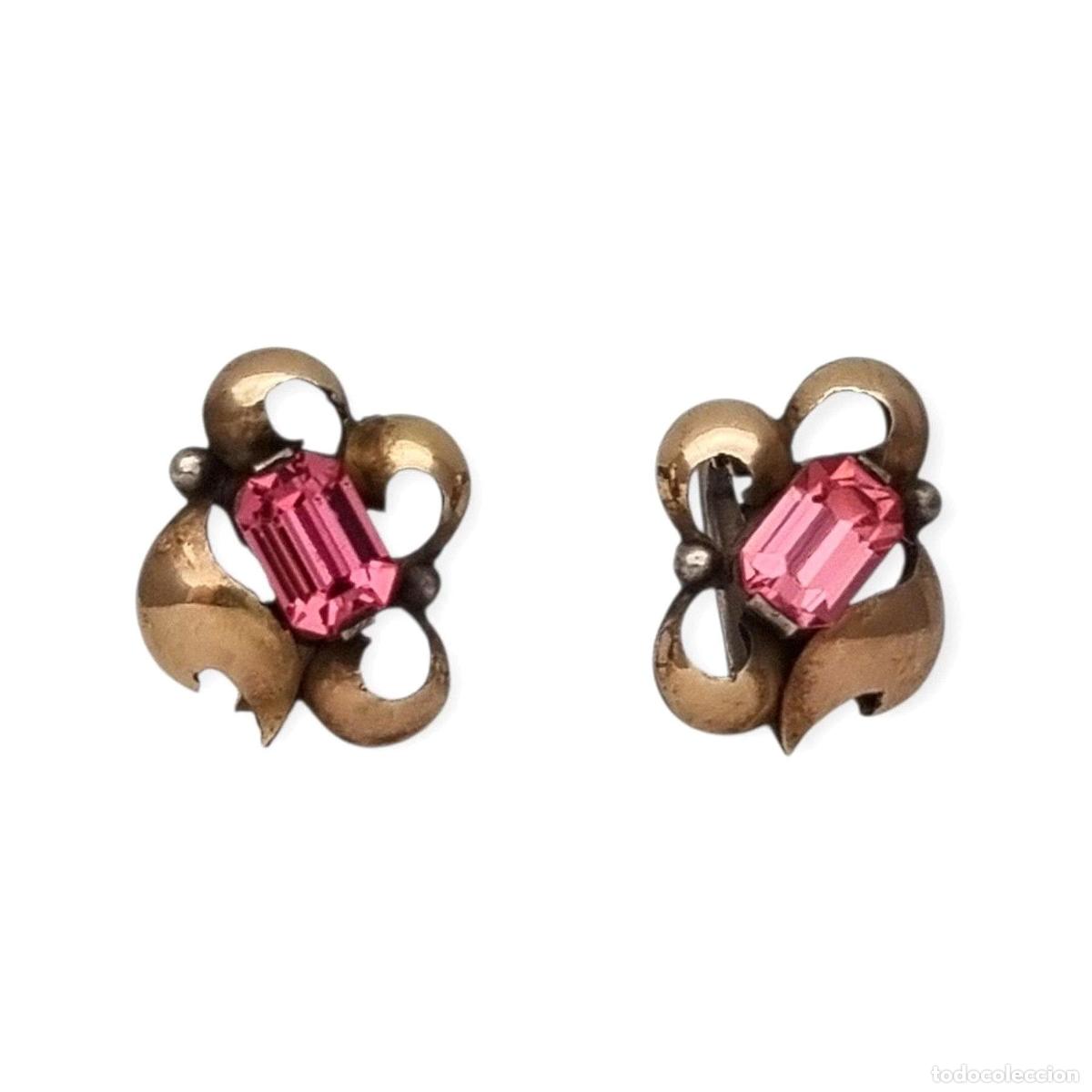 Joyeria: Pendientes antiguos Art D&eacute;co catal&aacute;n de plata con vistas de oro y pedrer&iacute;a rosa, ca. 1940