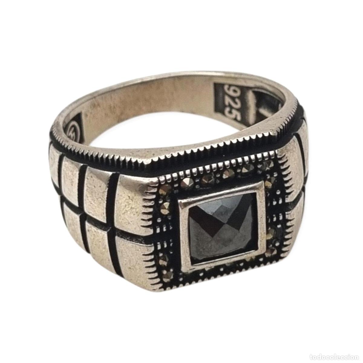 Joyeria: Anillo vintage para hombre de plata 925 con &oacute;nix y marcasitas, ca. 1990&ndash;2000