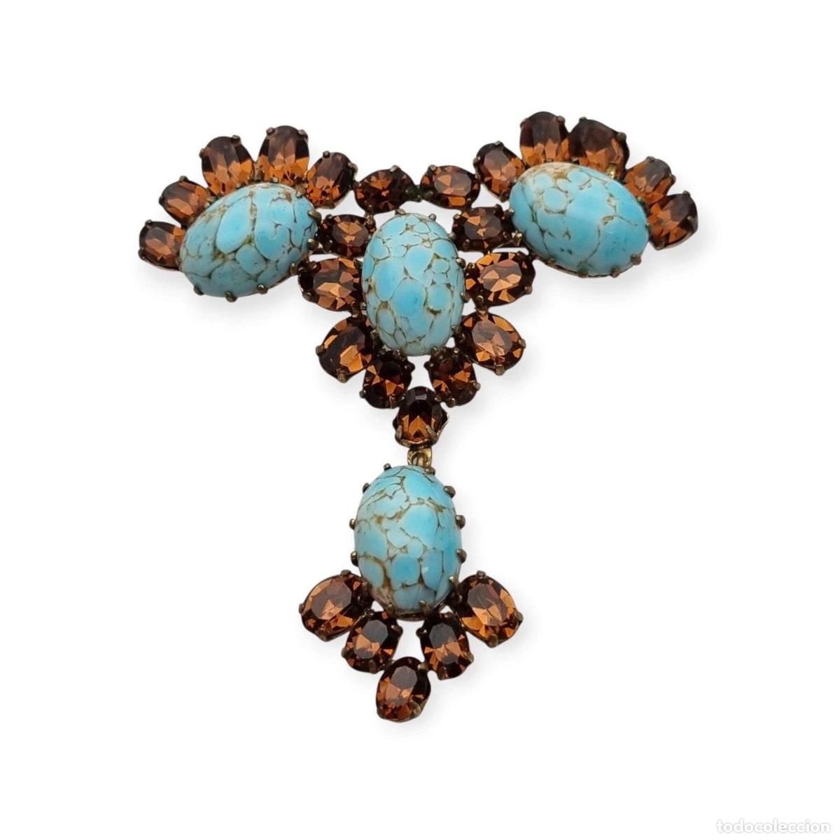 Joyeria: Broche vintage de c&oacute;ctel con cabujones turquesa y cristales &aacute;mbar, bisuter&iacute;a a&ntilde;os 50, ca. 1950&ndash;1960