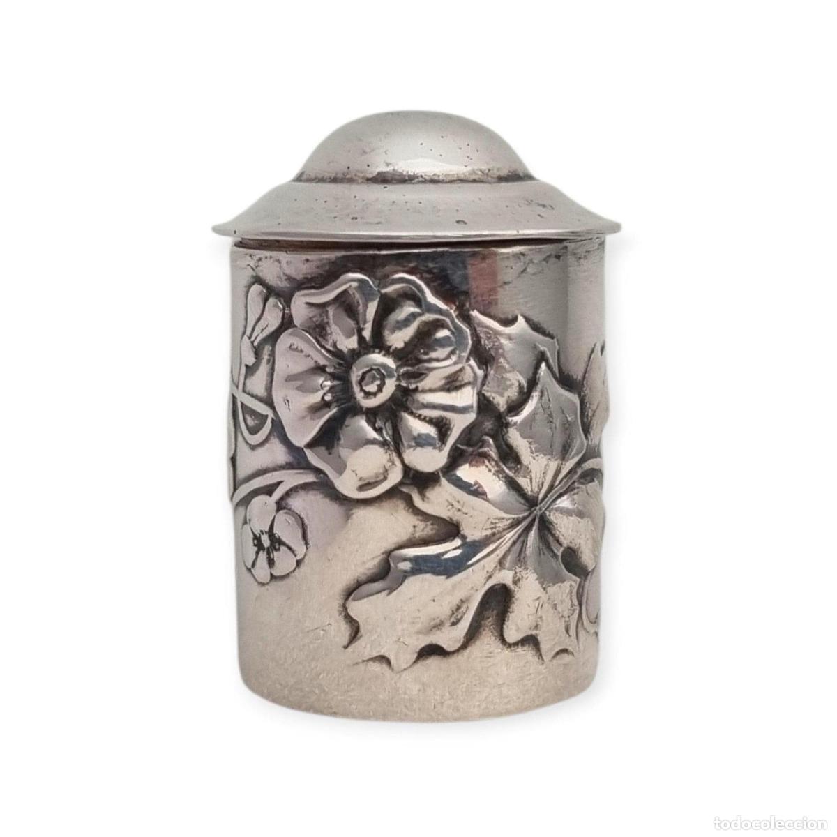 Joyeria: Caja antigua Art Nouveau JMLd, en metal plateado, estuche para dedal Europa, ca. 1900&ndash;1920