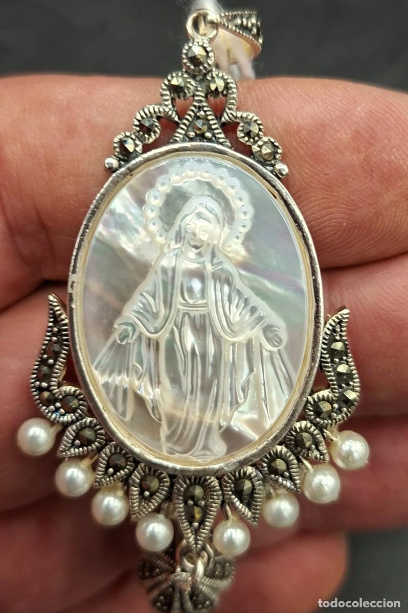 Joyeria: Colgante vintage de la Virgen Maria en nacar Plata 925 y perlas
