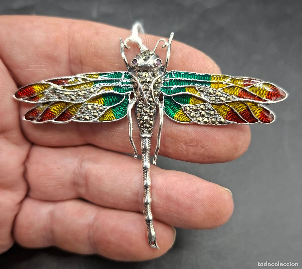 Joyeria: Broche de libelula estilo Art Nouveau en Plata 925 esmaltes y marquesitas