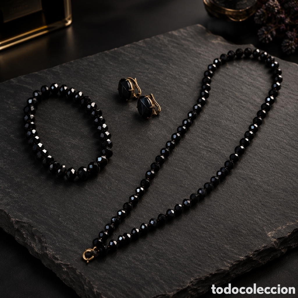 Joyeria: ANTIGUA CONJUNTO DE JOYAS DE LUTO SIGLO XIX, COLLAR, PULSERA Y PENDIENTES ELABORADOS EN LAT&Oacute;N...