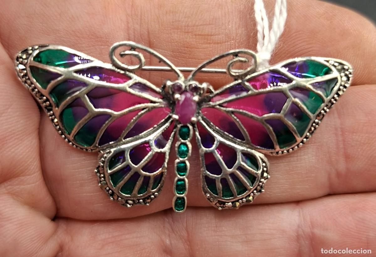 Joyeria: Broche de mariposa estilo Art Nouveau en plata 925 y esmaltes traslucidos