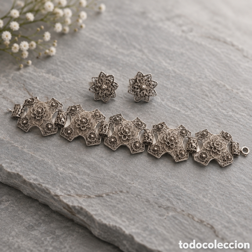 Joyeria: BONITO CONJUNTO PULSERA Y PENDIENTES PLATA CORDOBESA DISE&Ntilde;O FILIGRANA FLORAL