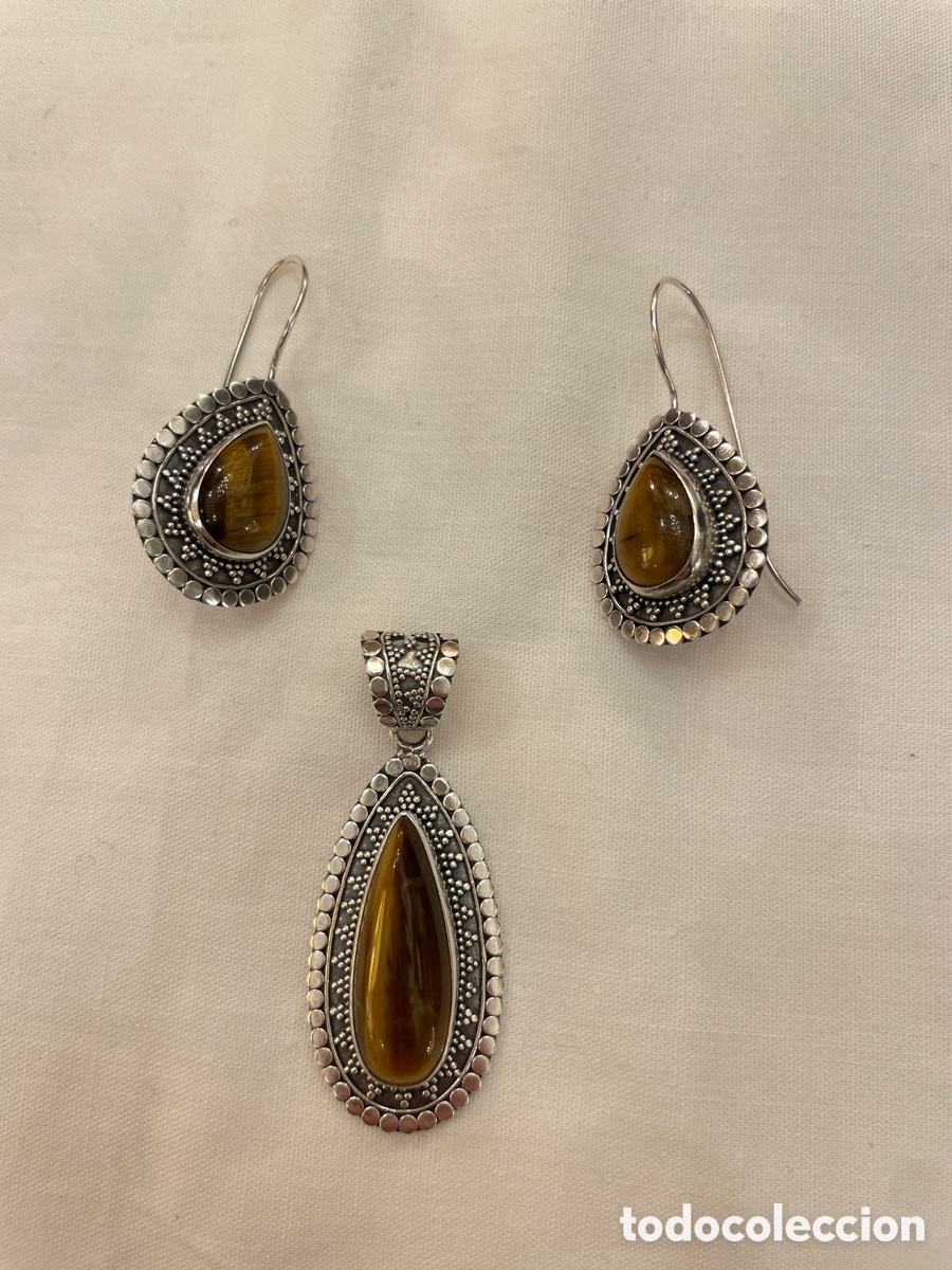 Joyeria: Pendientes y colgante de plata y ojo de tigre