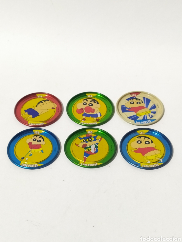 Jeux Anciens: Lote 6 tazos met&aacute;licos.Metal Rappers. Shin Chan. Bollycao.