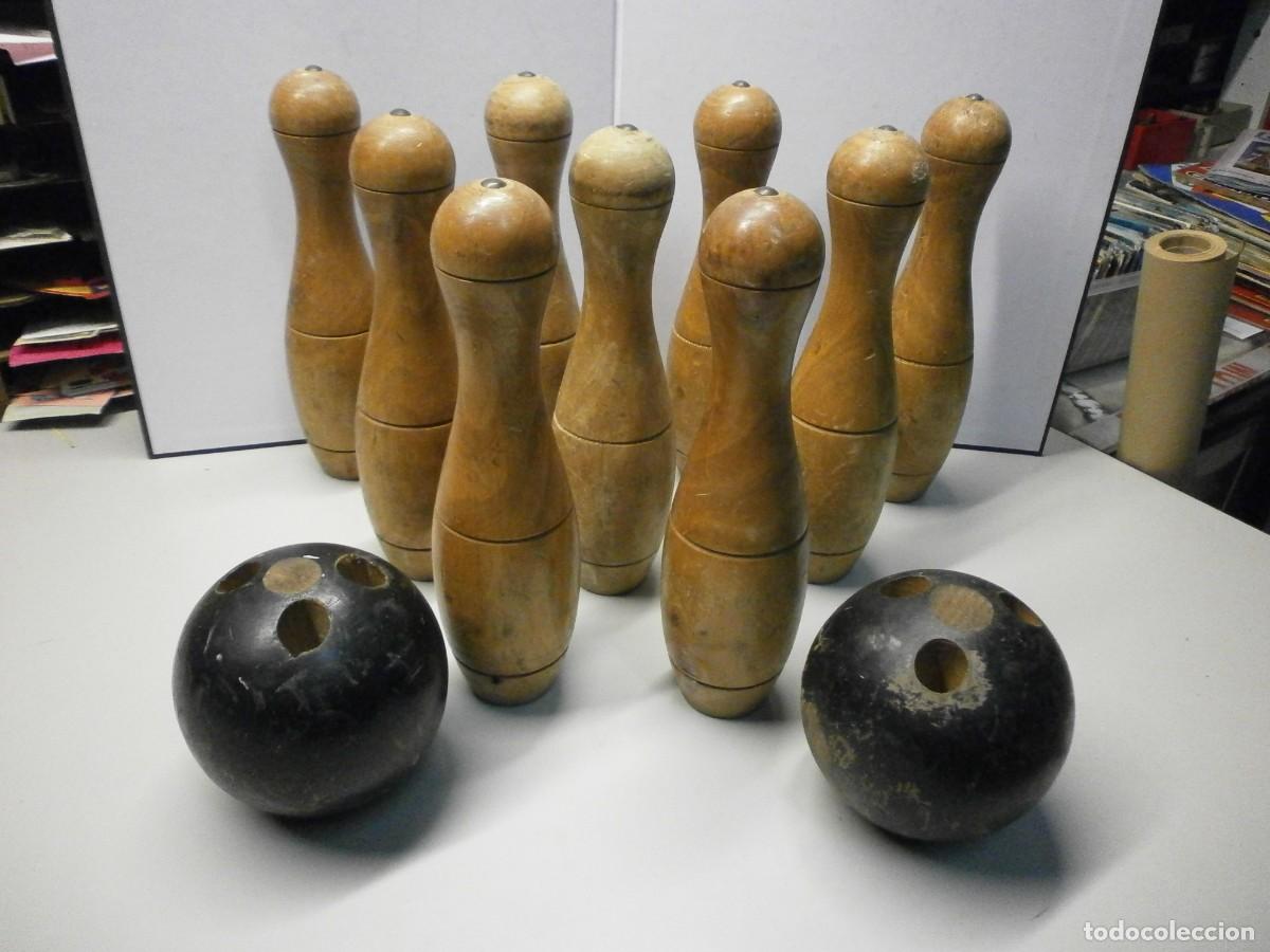 Juegos antiguos: antiguo juego de bolos de madera - Foto 1