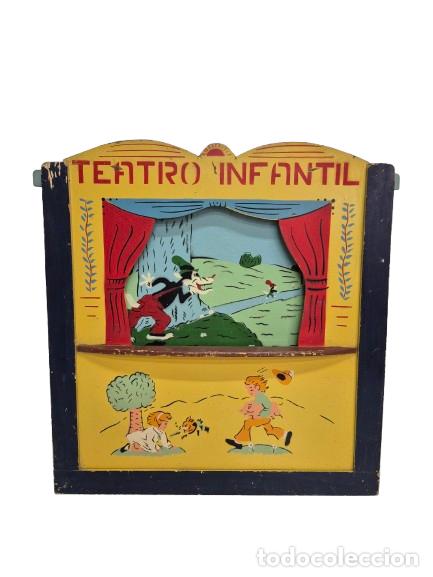 Juegos antiguos: Juguete, Teatro Infantil de Gui&ntilde;ol, T&iacute;teres - Escenario de Madera Pintada a Mano - A&ntilde;os 30-40