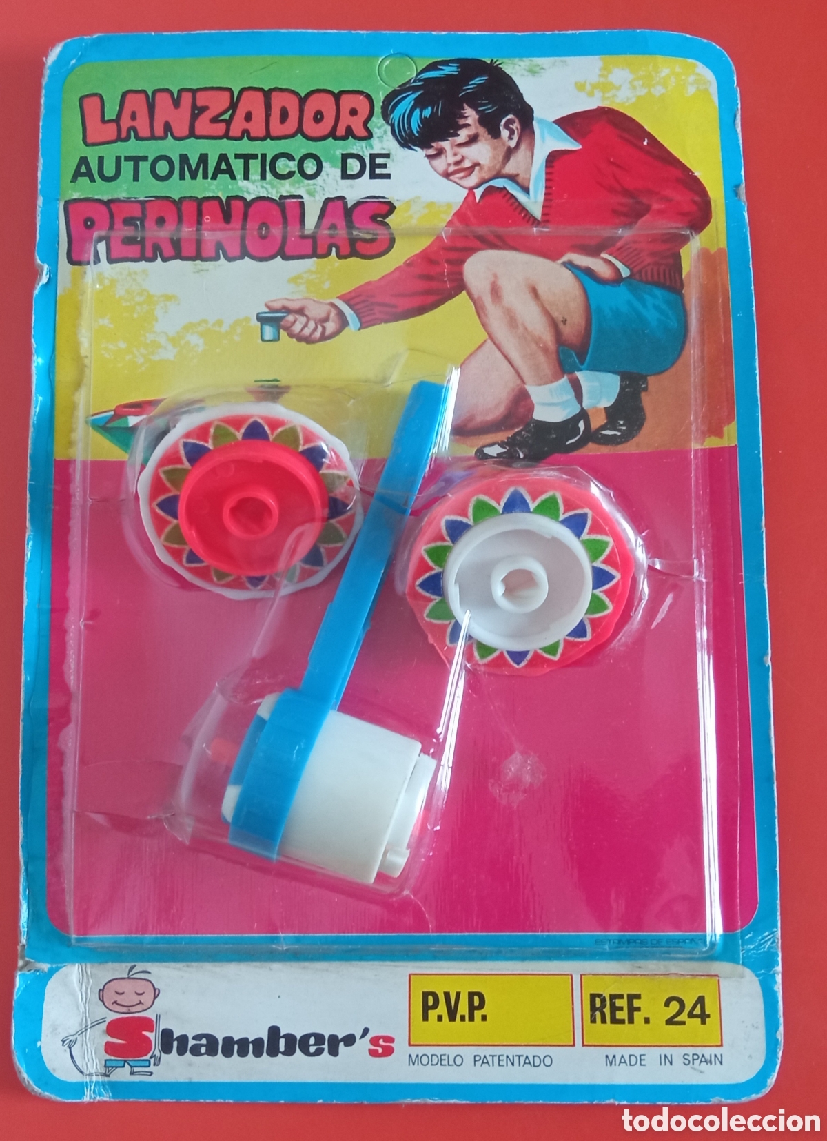 Juegos antiguos: LANZADOR AUTOM&Aacute;TICO DE PERINOLAS PEONZAS TROMPOS.SHAMBERS 70'S SHAMBER'S.BLISTER SIN ABRIR.