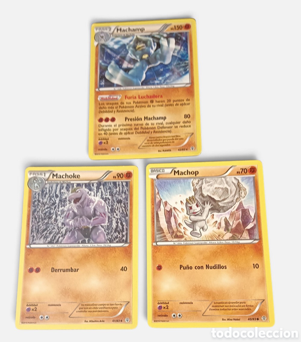 Juegos antiguos: Pok&eacute;mon. L&iacute;nea Evolutiva Machop completa Esp. - Machop, Machoke, Machamp Holo - XY Planeta Augurio