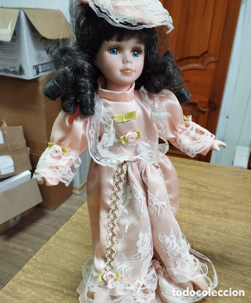 Juegos antiguos: Mu&ntilde;eca de porcelana estilo victoriano 30 cm - Vestido rosa y encaje / Colecci&oacute;n