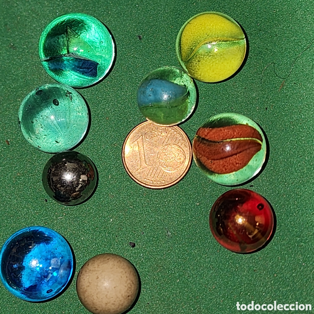 Juegos antiguos: Lote Selecci&oacute;n de 9 Canicas Antiguas y Vintage - Incluye Canica de Barro/Arcilla (S. XIX) y Ojos de