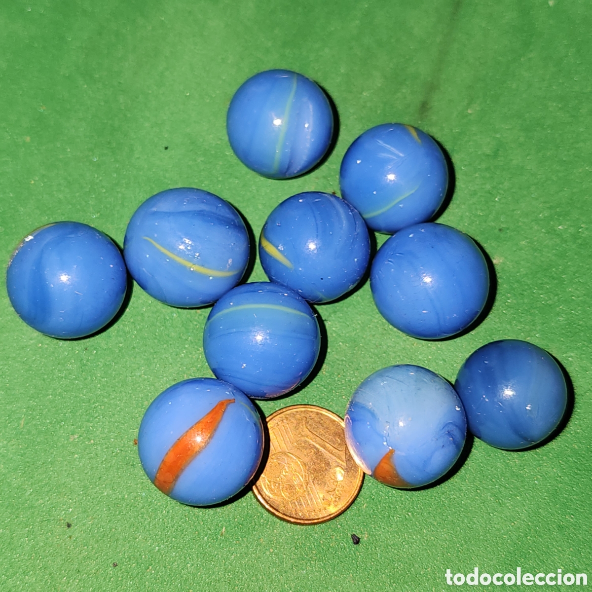 Juegos antiguos: Lote 10 Canicas Antiguas Vidrio Azul Celeste - Cinta Naranja / Amarilla Vintage Marble 16mm